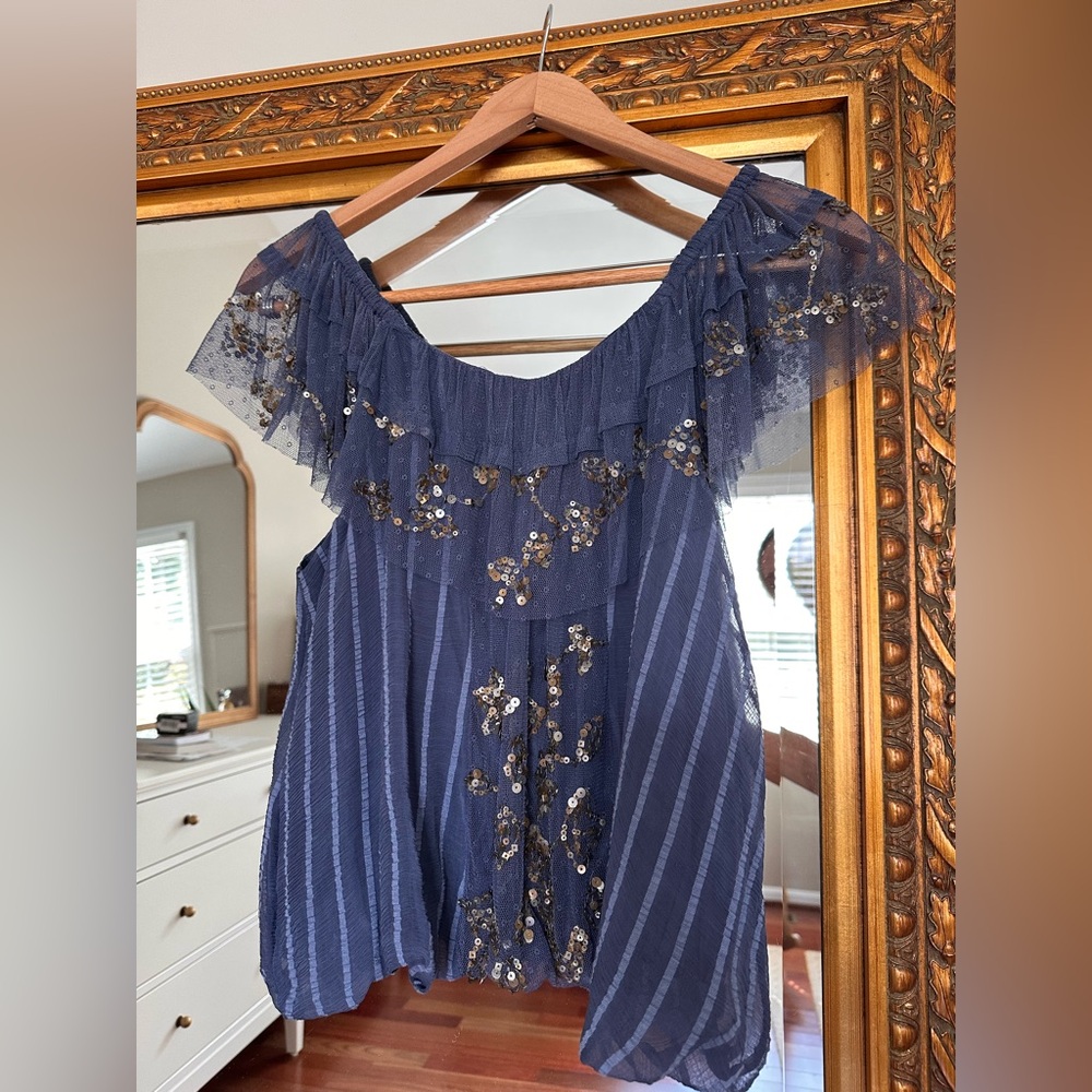 Free People Elisas Wild Moon Sequins Tulle Embellished Top  XS